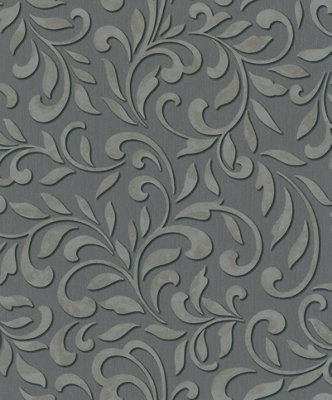 Galerie Paste The Wall Anthracite And Silver Damask A4 Wallpaper Sample from B&Q