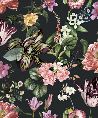 Galerie Flora Black Floral Rhapsody A4 Wallpaper Sample from B&Q