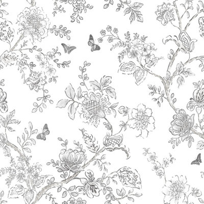 Galerie Homestyle White Grey Butterfly Toile Smooth A4 Wallpaper Sample from B&Q