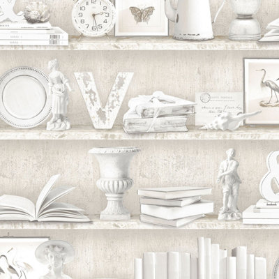 Galerie Homestyle Beige Curio Cabinet Smooth A4 Wallpaper Sample from B&Q