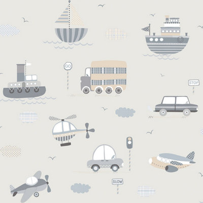 Galerie Tiny Tots 2 Greige Tan Transportation Smooth A4 Wallpaper Sample from B&Q