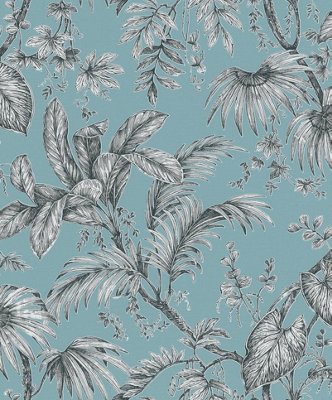 Galerie Paste The Wall Soft Teal And Black Botanical A4 Wallpaper Sample from B&Q