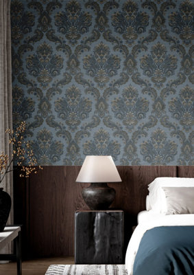 Galerie Ornamenta Blue Floral Damask Wallpaper A4 Sample from B&Q