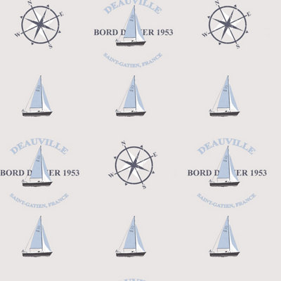 Galerie Deauville 2 Navy Blue Sky Blue Beige Deauville Boat Motif Smooth A4 Wallpaper Sample from B&Q