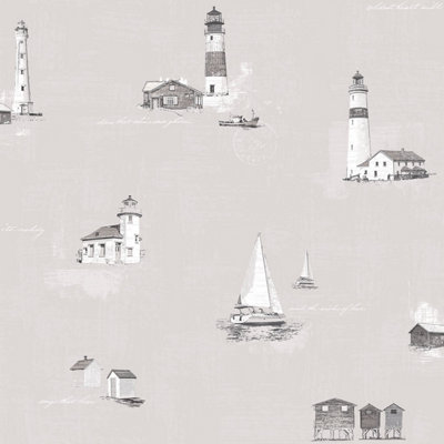 Galerie Deauville 2 Taupe Beige White Beach Huts Smooth A4 Wallpaper Sample from B&Q