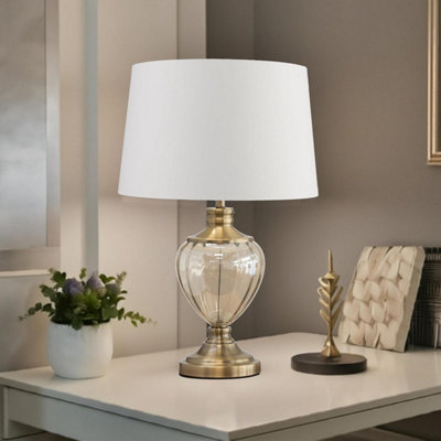 Lighting Supermarket Hepburn Large Amber Glass Table Lamp Antique Brass With Ivory Gold Linen Shade 58Cm from B&Q