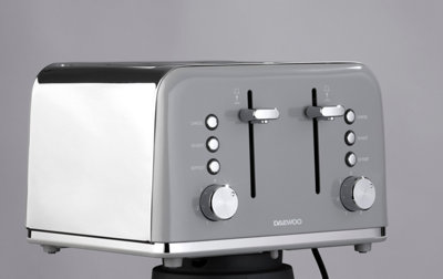 Daewoo Kensington Stainless Steel 4 Slice Toaster Crumb Tray Defrost Reheat Grey