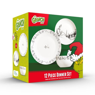 The Grinch 12Pc 4 Place Porcelain Dinner Set Plates & Bowls Christmas Dinnerware from B&Q