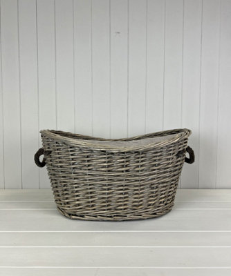  - Satchville Willow Oval Scooped Log Basket With Hessian Liner And Rope Handles