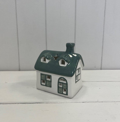  - Satchville White/green Ceramic House Tealight