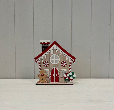  - Satchville Red Wooden Gingerbread House With Candy Cane And Sprinkles