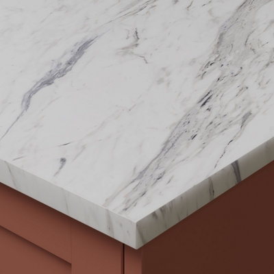 Omega Sleek Calcutta Marble  Square Edge Laminate Kitchen Splashback3000 X 600mm X 8mm from B&Q