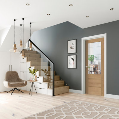 XL Joinery Internal Oak Pre-Finished Palermo 2Xg (Clear Etched Glass)1981 X 457 X 35mm (18") from B&Q