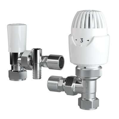 B&Q -  Rt212 15mm Angled Thermostatic Radiator Valve With LockshieldDrain-Off Valve Pack & 10mm Push-Fit Elbows