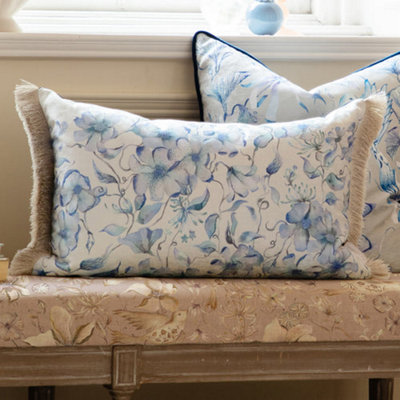 Voyage Maison Voyage Daphne Printed Ruche Fringe Feather Filled CushionBlue40 X 60Cm from B&Q