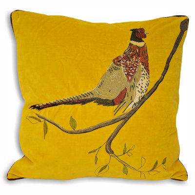 Paoletti Hunter Velvet Embroidered Pheasant Velvet Polyester Filled Cushion from B&Q