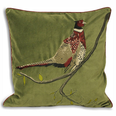 Paoletti Hunter Velvet Embroidered Pheasant Velvet Polyester Filled Cushion from B&Q