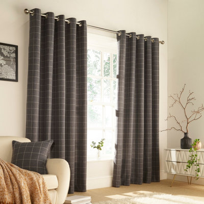 B&Q - furn. Furn Ellis Check Room Darkening Eyelet Curtain Pair Grey (W)229Cm X (D)183Cm