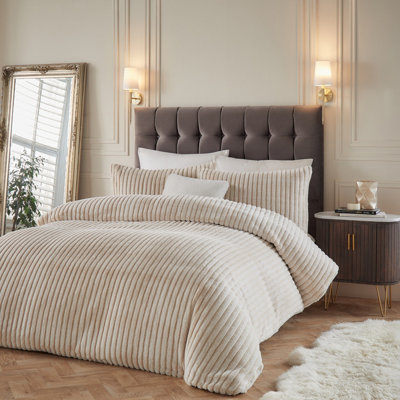 Paoletti Alpine Striped Faux Fur Duvet Cover SetSuper KingBeige from B&Q