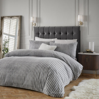 Paoletti Alpine Striped Faux Fur Duvet Cover SetSuper KingGrey from B&Q