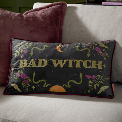 B&Q - furn. Furn Bad Witch Embroidered Velvet Polyester Filled CushionGreen30 X 50Cm