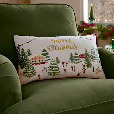 B&Q - furn. Furn Joy To All Embroidered Velvet Feather Filled CushionSnow/berry30 X 50Cm