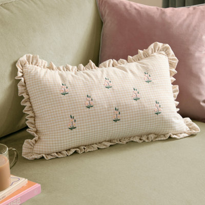 furn. Furn Les Petite Fleurs Gingham Ruffle Polyester Filled Cushion from B&Q