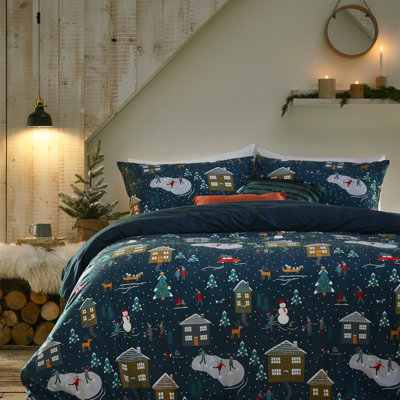 Furn. Winter Pine Festive Pyjama Fleece Duvet Cover SetSingleBlue from B&Q