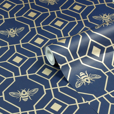 Furn. Bee Deco Dark Blue Geometric Foil Wallpaper from B&Q