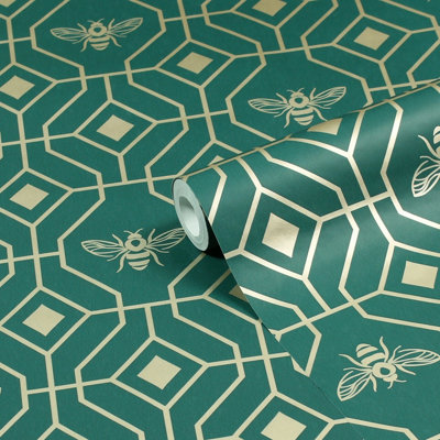 Furn. Bee Deco Emerald Green Geometric Foil Wallpaper from B&Q