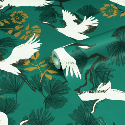 Furn. Demoiselle Jade Green Botanical Printed Wallpaper from B&Q