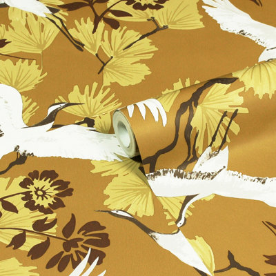Furn. Demoiselle Mustard Yellow Botanical Printed Wallpaper from B&Q