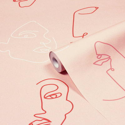 Furn. Kindred Blush Pink Abstract Faces Printed Wallpaper from B&Q