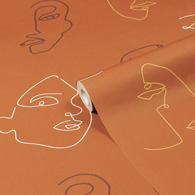 Furn. Kindred Terracotta Orange Abstract Faces Printed Wallpaper from B&Q