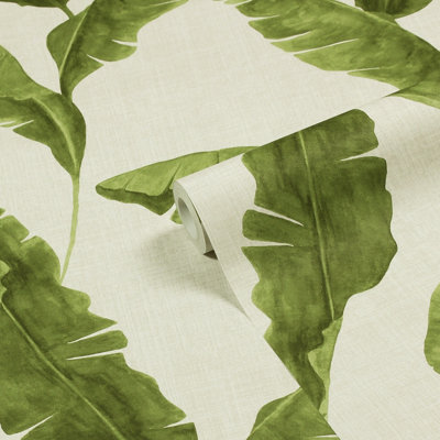 Furn. Plantain Green/natural Beige Botanical Printed Wallpaper from B&Q