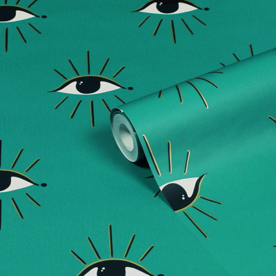 B&Q - Furn. Theia Turquoise Abstract Eyes Foiled Wallpaper