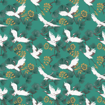 Furn. Demoiselle Jade Green Botanical Printed Wallpaper Sample from B&Q