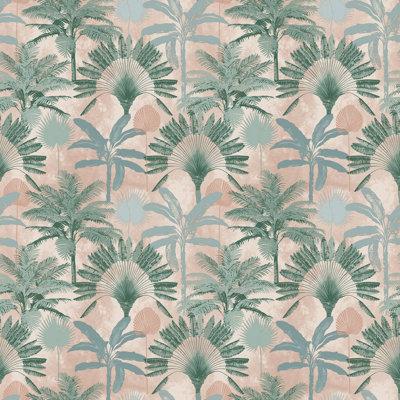 Furn. Malaysian Palm Blush Pink/green Tropical Printed Wallpaper Sample from B&Q