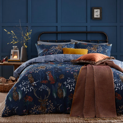 Furn. Forest Fauna Woodland Reversible Duvet Cover SetSingleBlue from B&Q