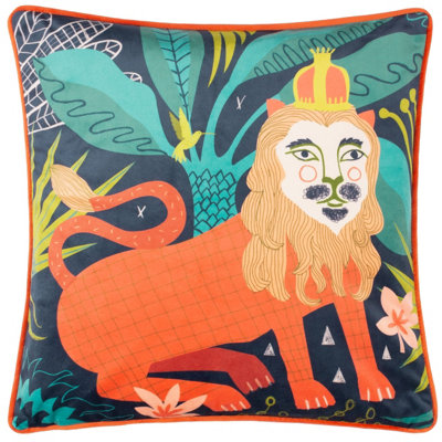 Kate Merritt Lion Illustrated Velvet Piped Polyester Filled Cushion from B&Q