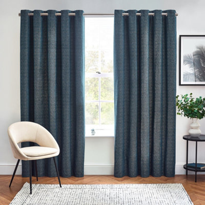 furn. Harris Blue Herringbone Chenille Lined Eyelet Curtains (W)167Cm (L)183CmPair from B&Q