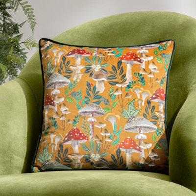Wylder Wild Garden Mushroom Repeat Velvet Piped Cushion Cover from B&Q