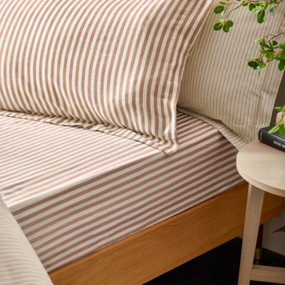 Yard Hebden Striped 100% Cotton Fitted SheetPecanDouble from B&Q