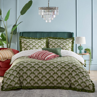 furn. Deco Palm Printed Duvet Cover Set – Reversible Bedding with Ruffle Trim (Green – Single) - Image 6