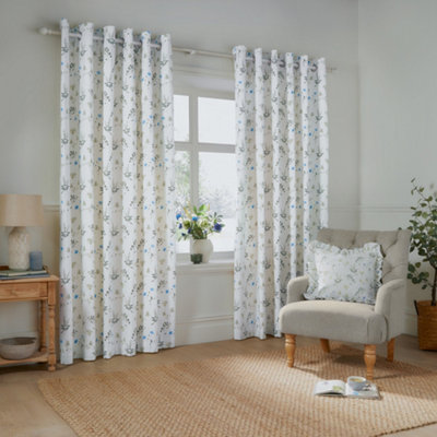 B&Q -  Nature Meadow Room Darkening 100% Cotton Eyelet Curtain Pair White/cornflower (W)168Cm X (D)183Cm