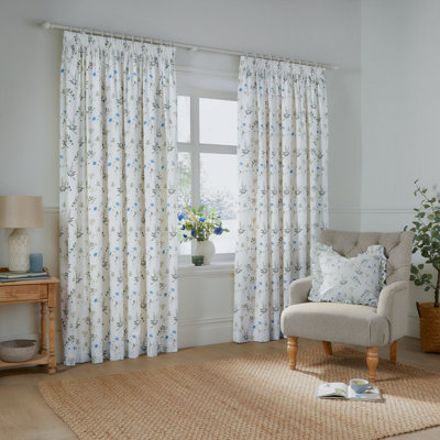 B&Q -  Nature Meadow Room Darkening 100% Cotton Pencil Pleat Curtain Pair White/cornflower (W)229Cm X (D)229Cm