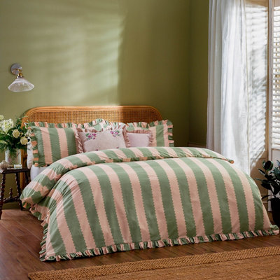 Wylder Birdie Stripe Ruffle Duvet Cover SetPink/greenKing from B&Q