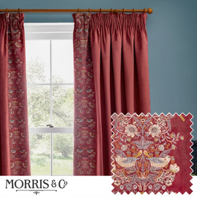 Morris & Co Strawberry Thief Embroidery Embroidered Velvet Room Darkening Pencil Pleat Curtain Pair Berry (W)168Cm X (D)229Cm from B&Q