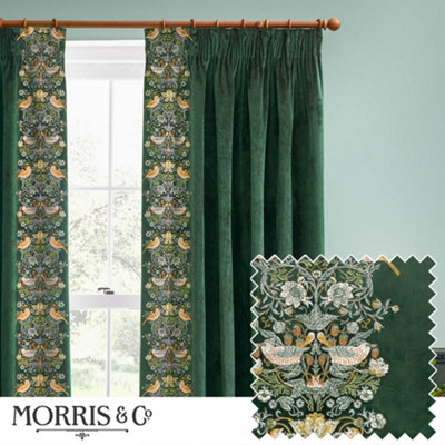 Morris & Co Strawberry Thief Embroidery Embroidered Velvet Room Darkening Pencil Pleat Curtain Pair Forest Green from B&Q