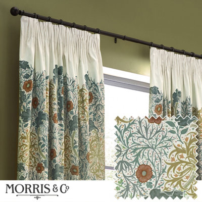 Morris & Co Seaweed Printed Velvet Room Darkening Pencil Pleat Curtain Pair Stone/sunflower (W)167Cm X (D)182Cm from B&Q